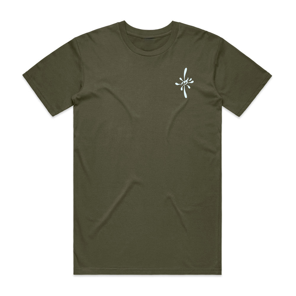 Green t-shirt with a white logo on a white background