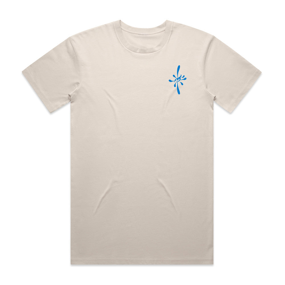 Beige t-shirt with a blue logo on a white background