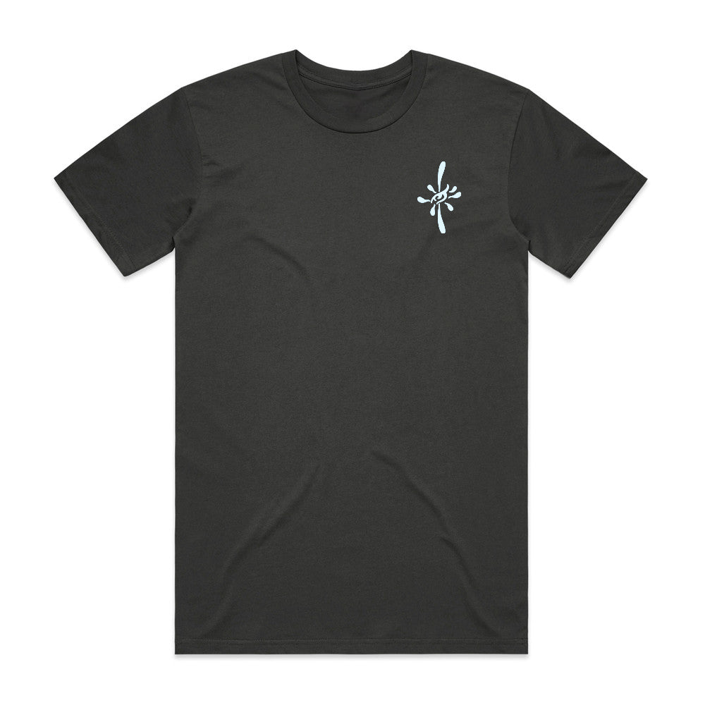 Black t-shirt with a white logo on a white background