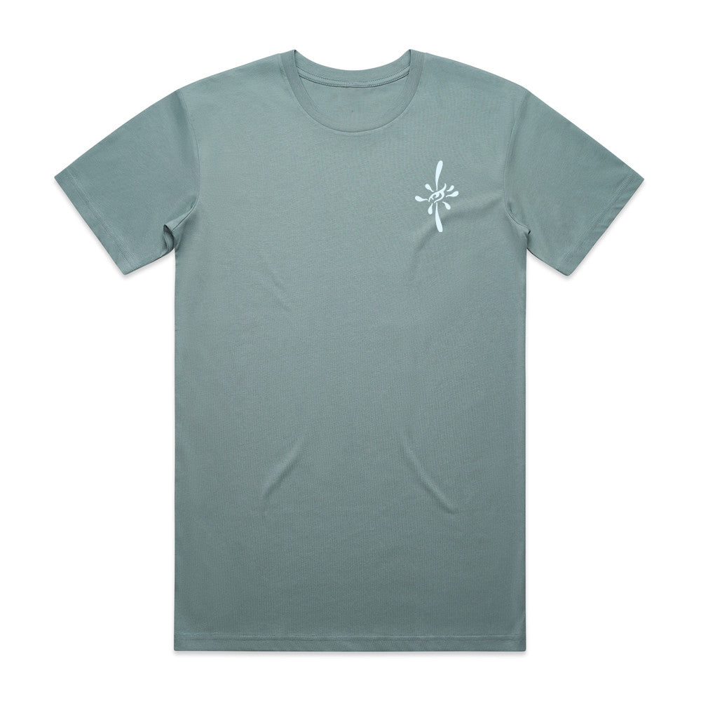 Slate gray t-shirt with a white logo on a white background