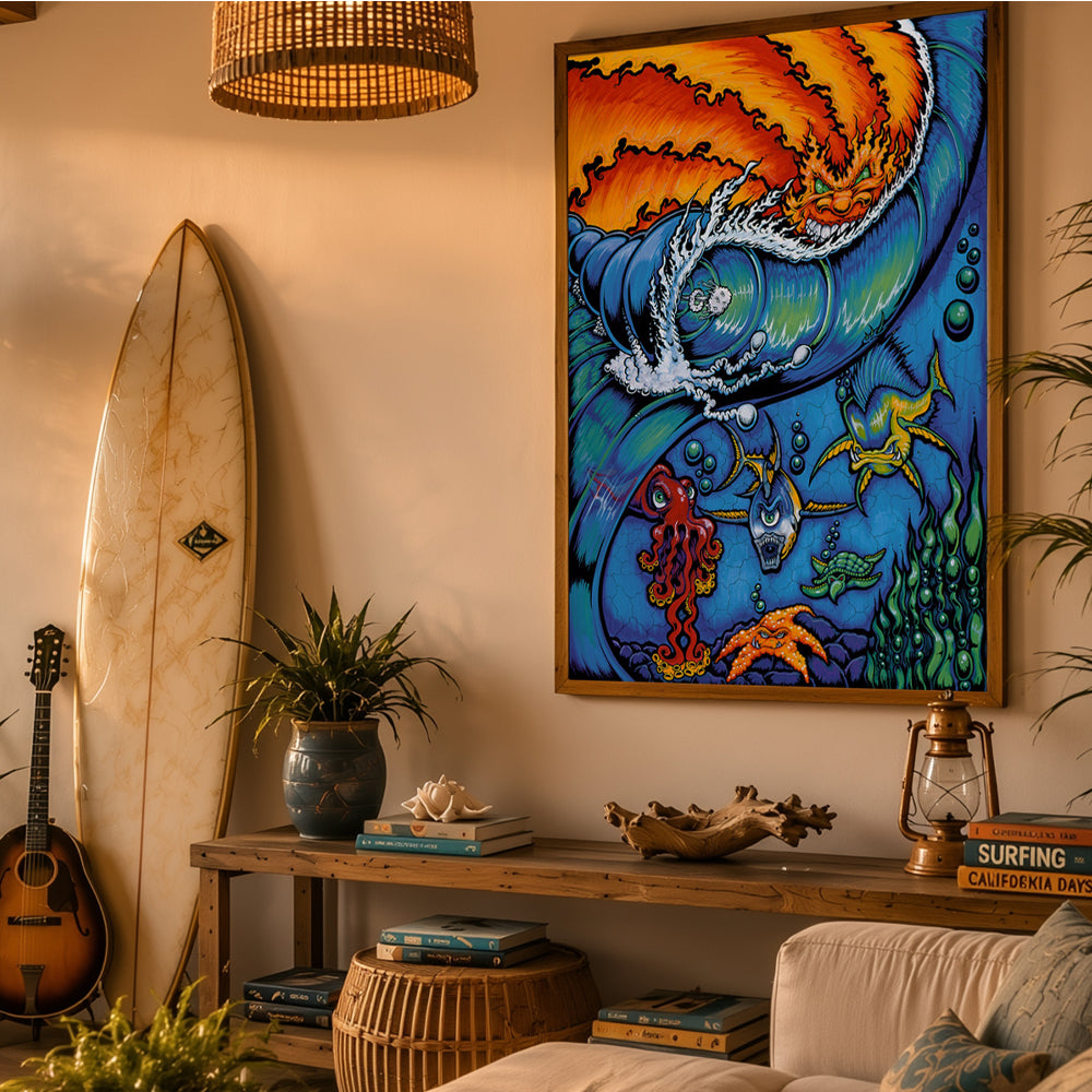 Water World by Drew Brophy hanging on the wall in a beach house