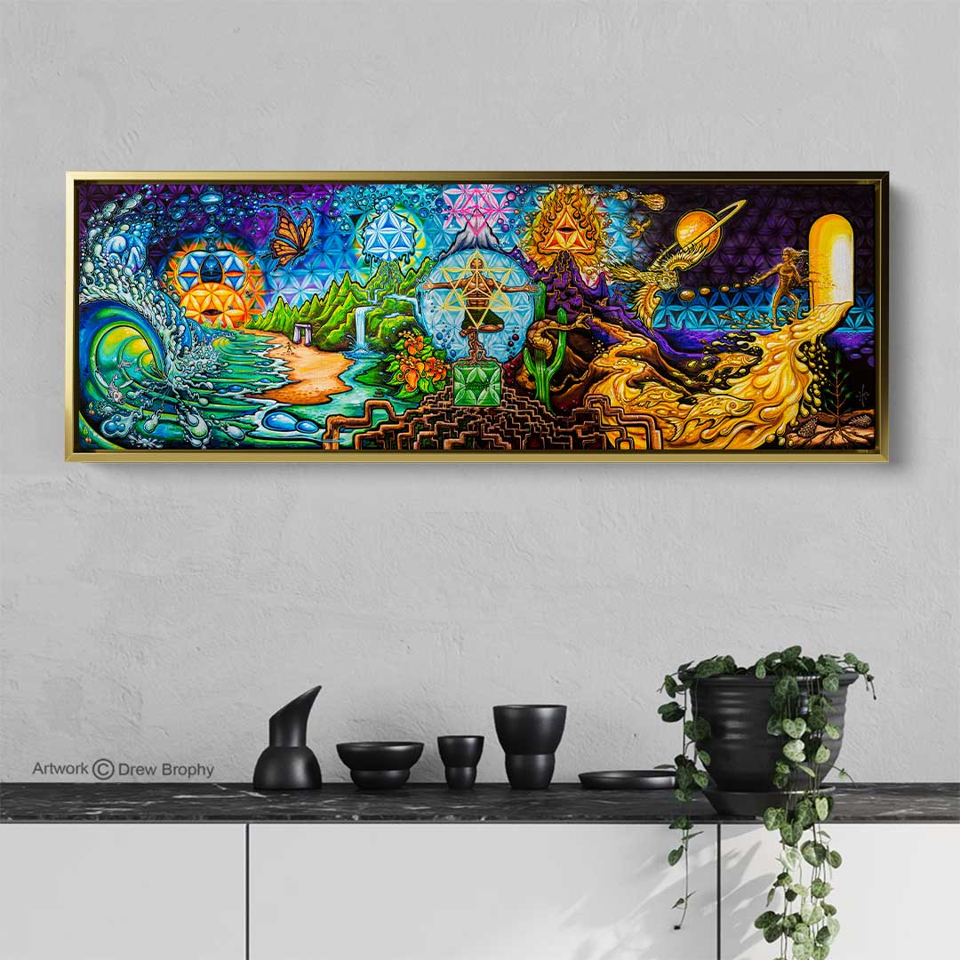 A Life Well Lived by Drew Brophy. Mountains, Ocean, Desert, and the story of a life well lived all in one image. Gold framed stretched canvas art print.