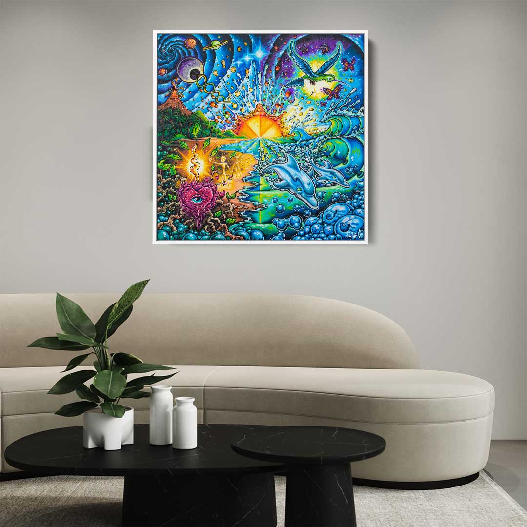 Drew Brophy's "Creation" painting. White framed gallery wrapped stretched canvas replica print. Spiritual home decor.