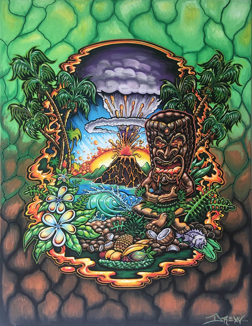SOLD! ISLAND STYLE TIKI 40" x 30" Original painting on Canvas by Drew Brophy MOTHER EARTH SERIES
