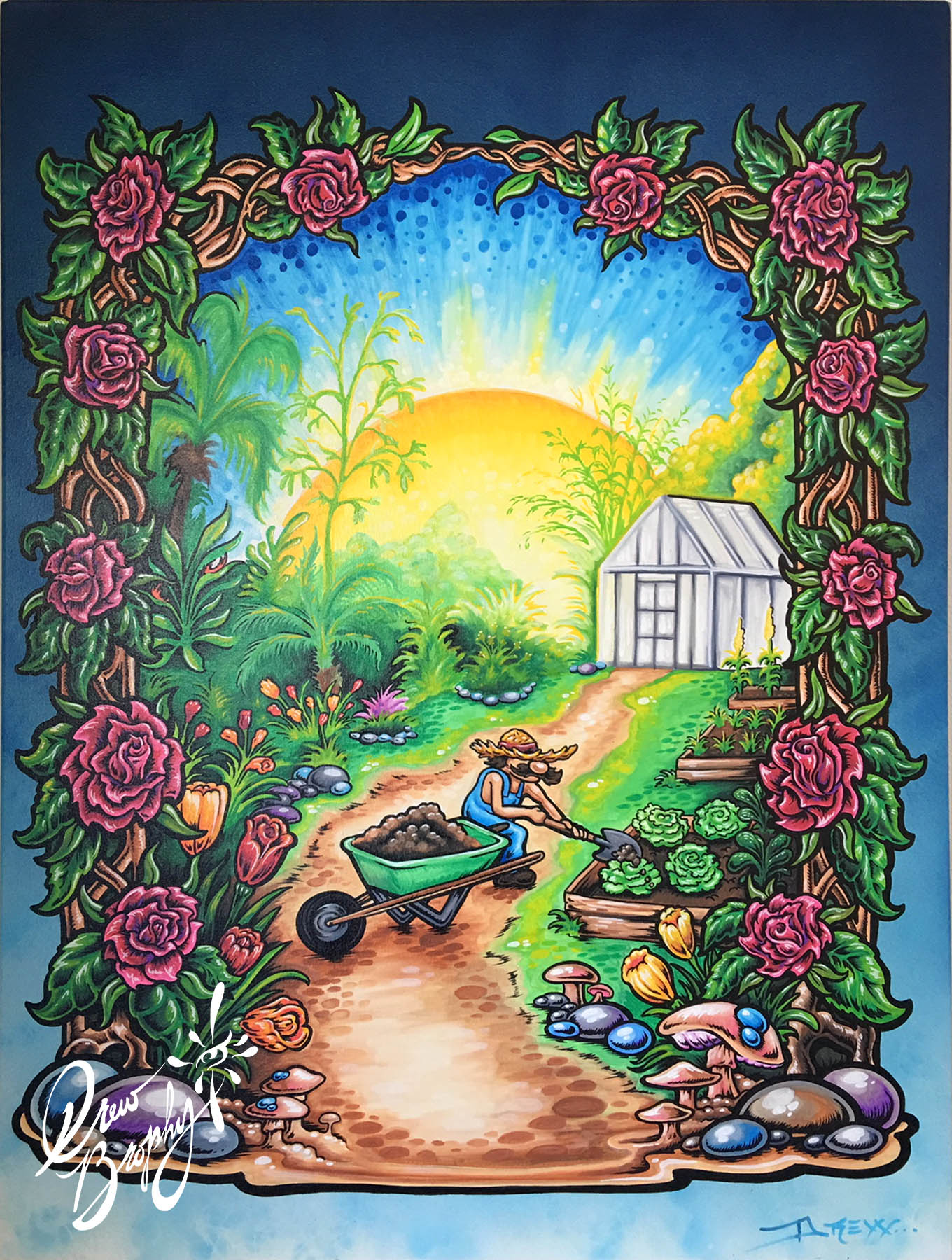 LARRY'S ROSE GARDEN 40" x 30" Original painting on Canvas by Drew Brophy - EARTH SERIES