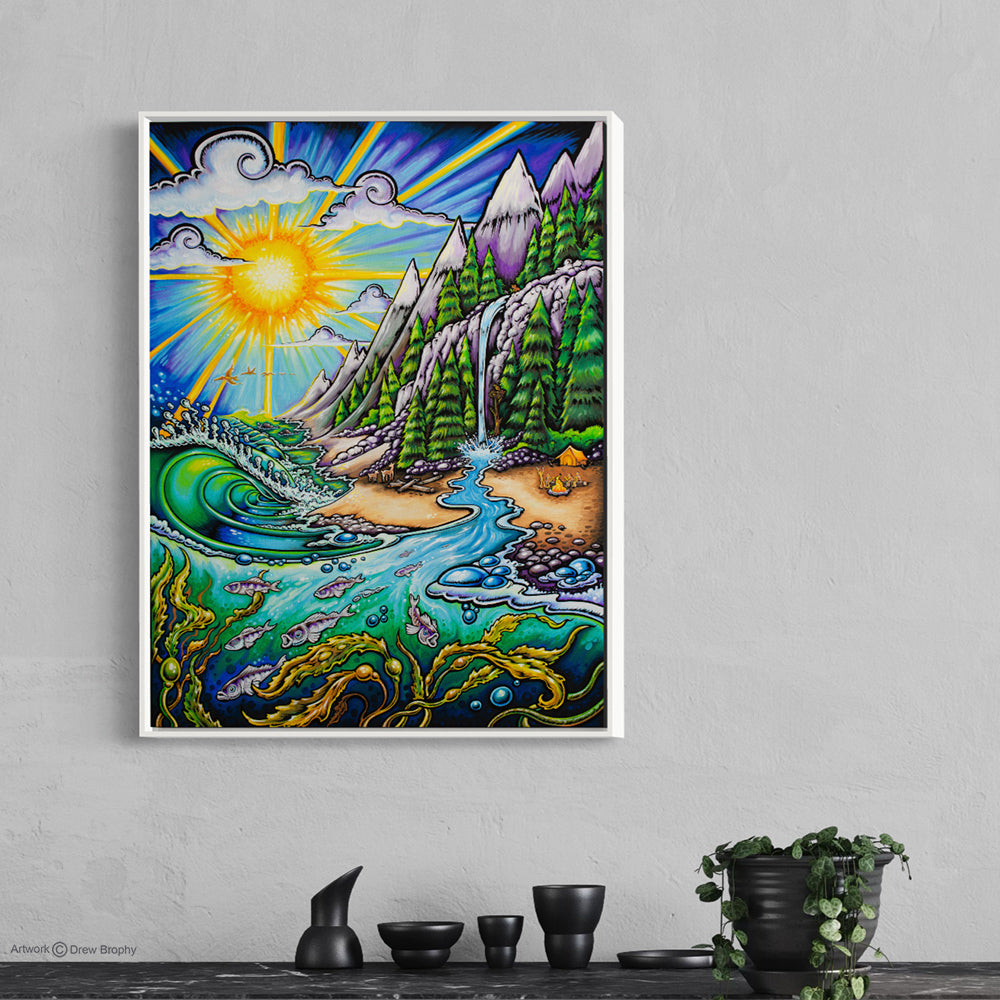 White framed stretched canvas by Drew Brophy.