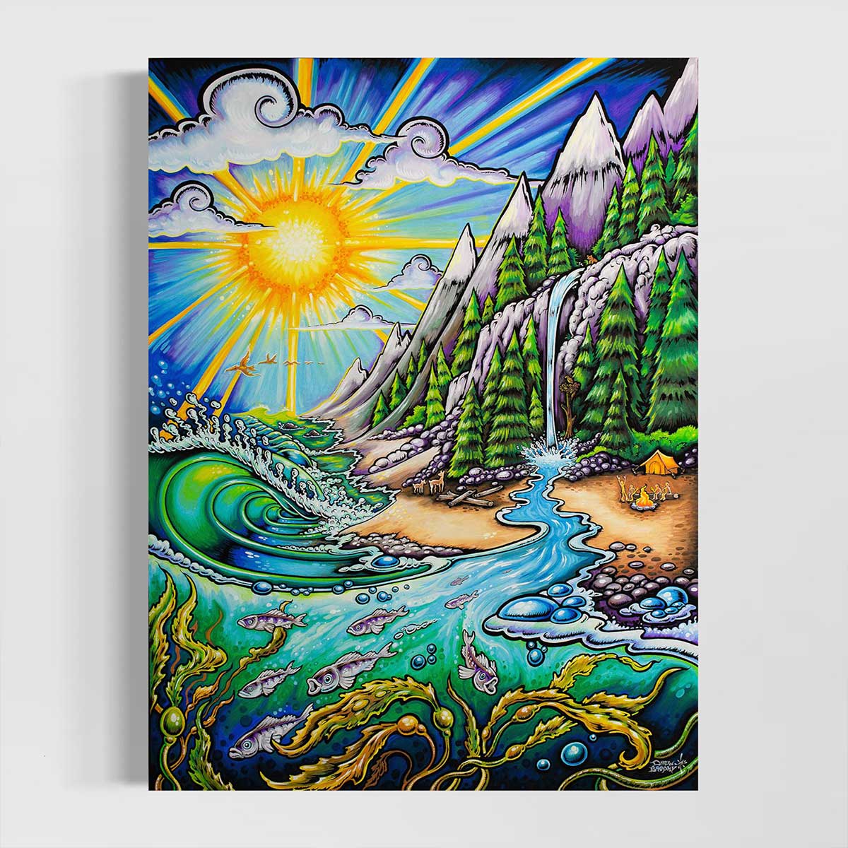 Life Force by Drew Brophy. Stretched Canvas replica print. Wall art. that features surf, mountain, rivers, camping and sunshine.