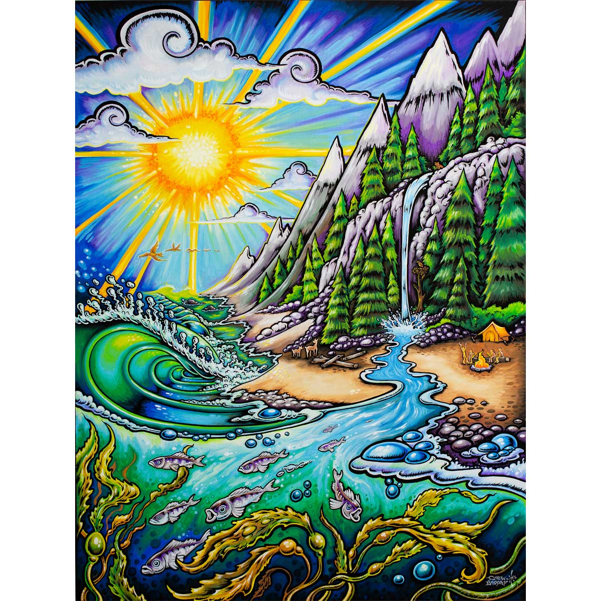 Drew Brophy Life Force Painting. The artwork features surf, mountains & camping…all the things that bring joy. Such a colorful and fun design.