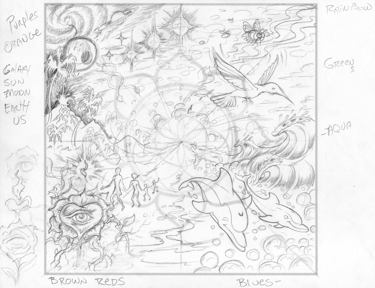 SOLD! CREATION sketch 14-1/2" x 17" on Paper Framed in black frame and plexiglass
