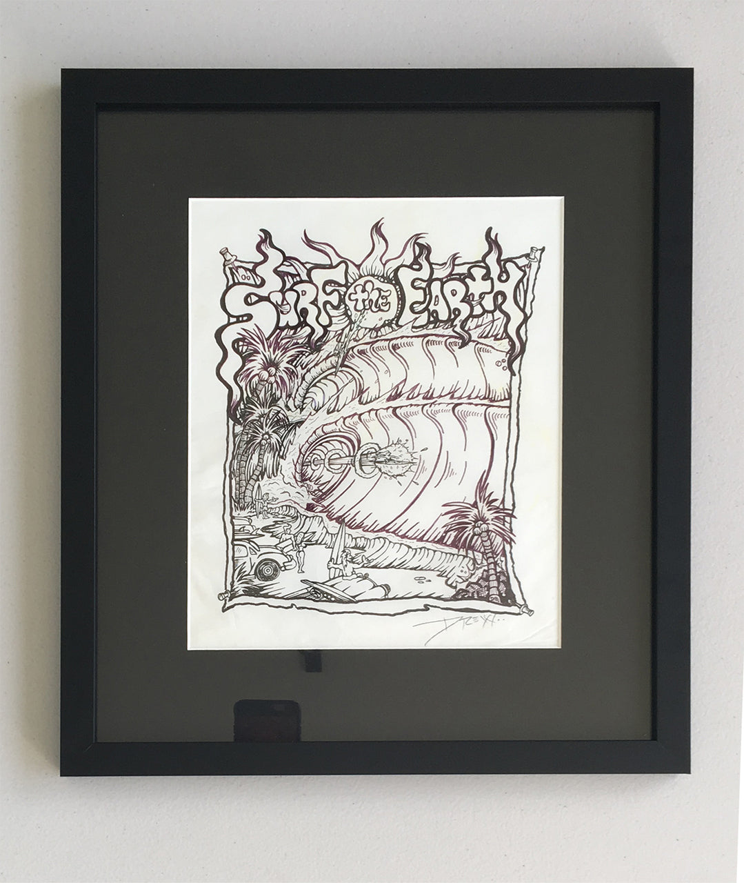SOLD! 1995 Surf the Earth Tee Shirt Design ink sketch on Paper 16" x 17" Framed in black frame and plexiglass