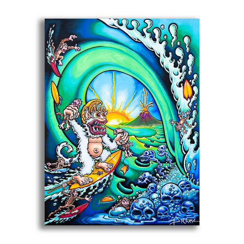 White Monkey signed stretched canvas art print by Drew Brophy. White Monkey surfing a wave in Bali with a sunset and volcano at the end of the tube. 