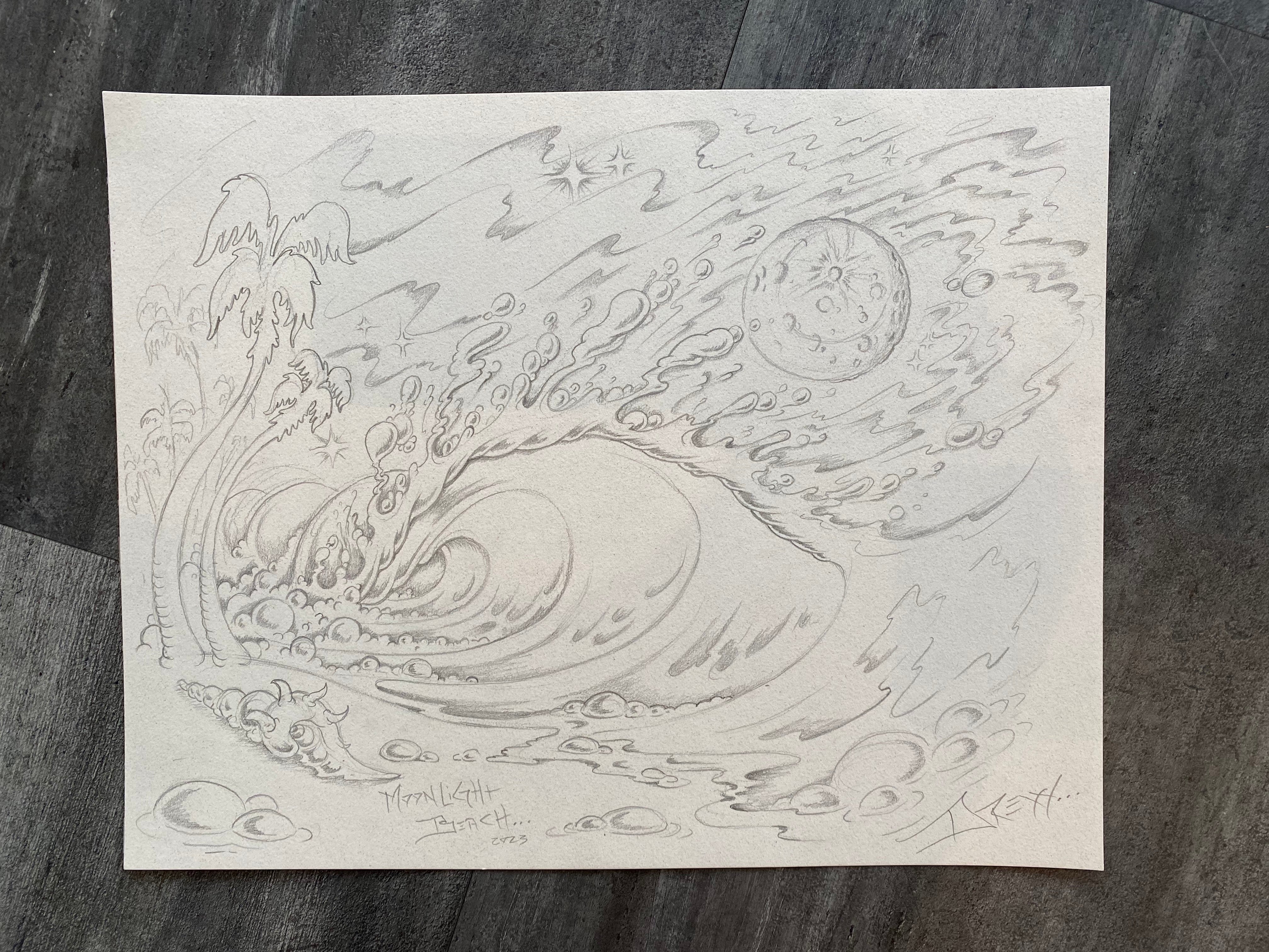 SOLD!  MOONLIGHT BEACH 11"x14" Graphite Sketch on Paper