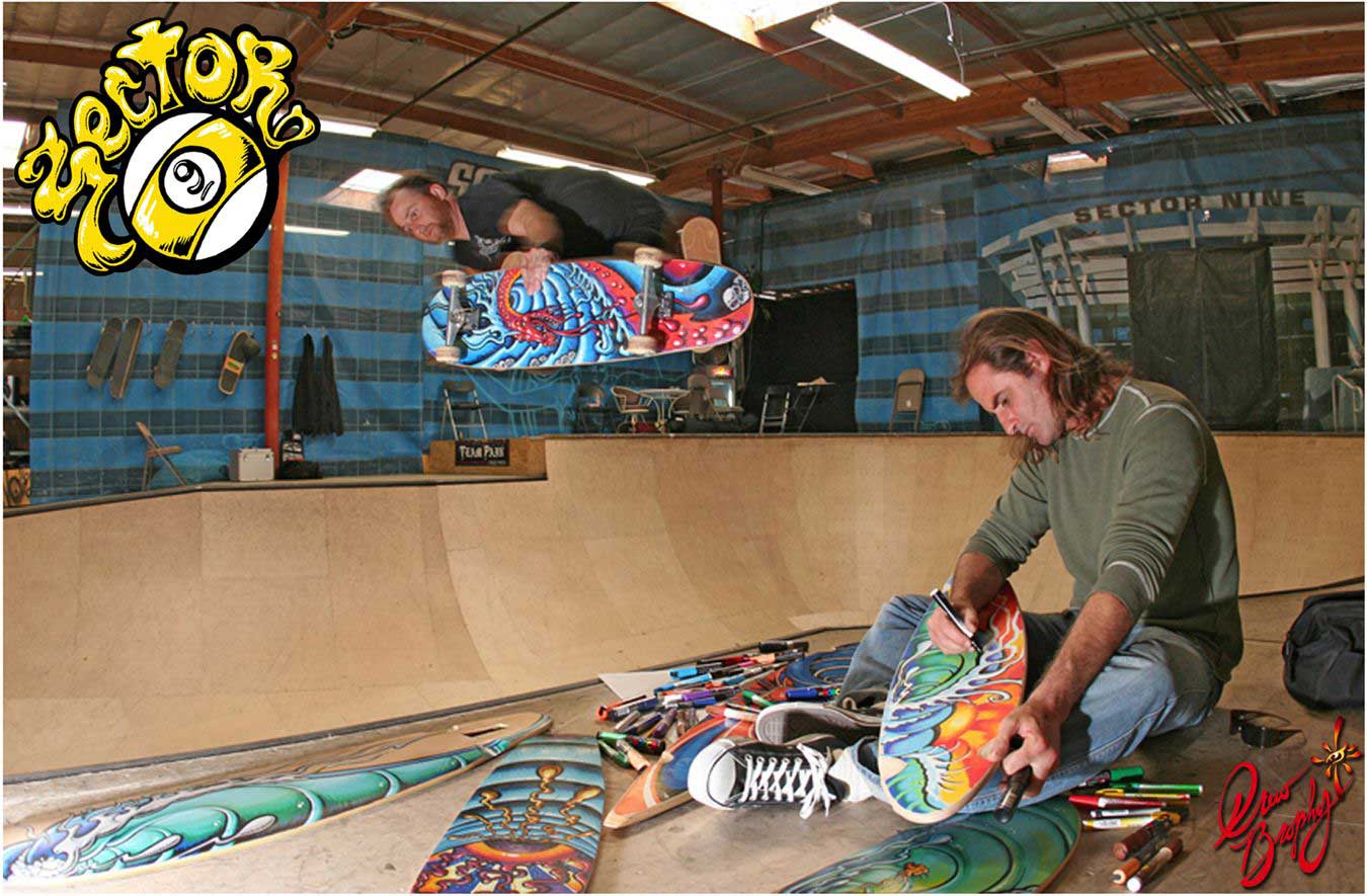 Drew Brophy painting sector9 skateboards on a ramp with skater catching some air. 