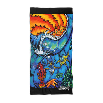 "WaterWorld" Another Classic Drew Brophy Ocean Wave & Sea Creatures Beach Towel — Colorful Surfer Art Beach Towel