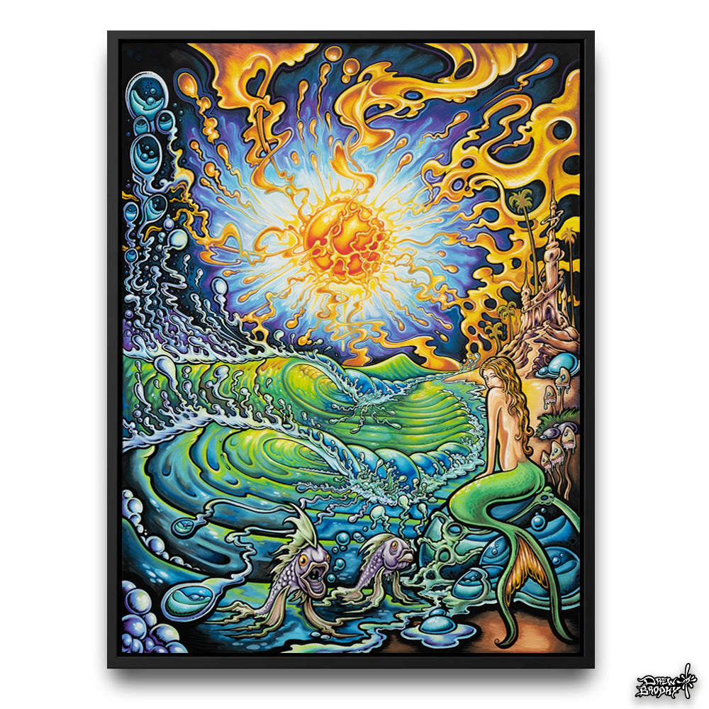 Mystic Beach Black Frame Canvas by Drew Brophy