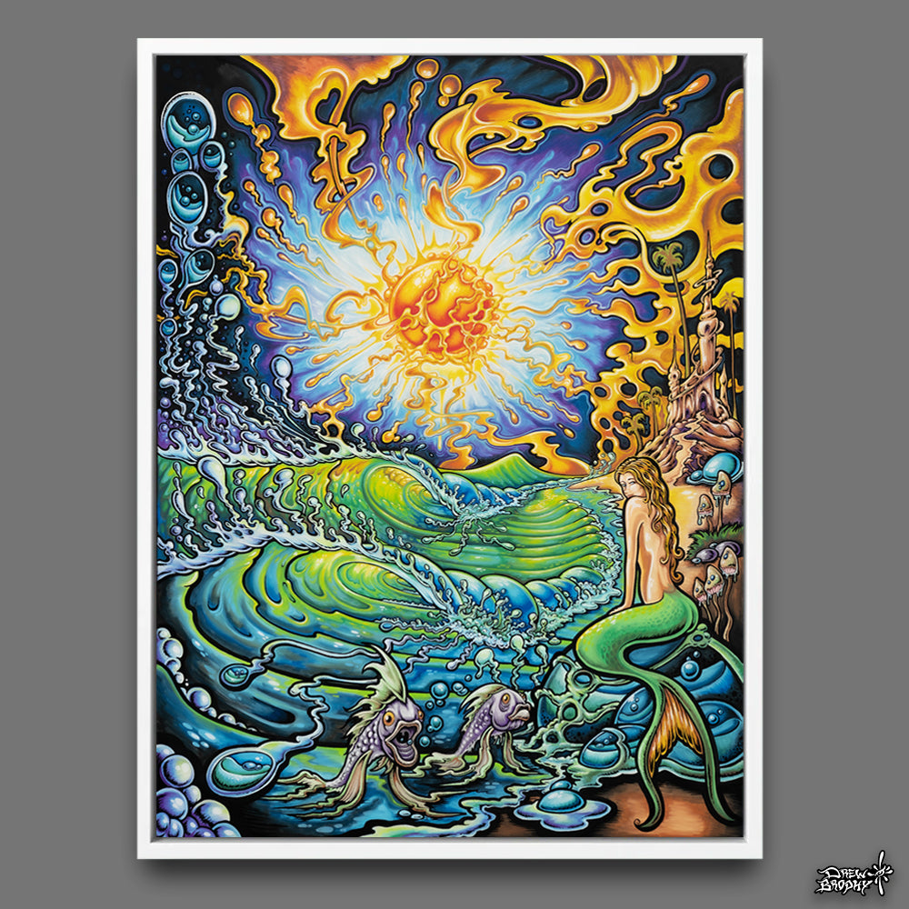 Mystic Beach White Frame Canvas by Drew Brophy