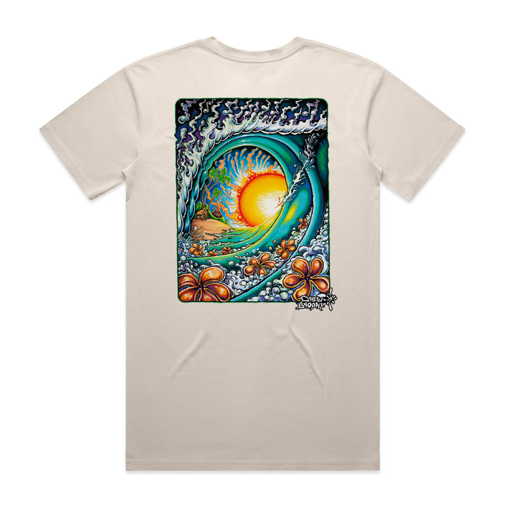 Beige t-shirt with a colorful graphic design on the back featuring a sun, flowers, and ocean waves.