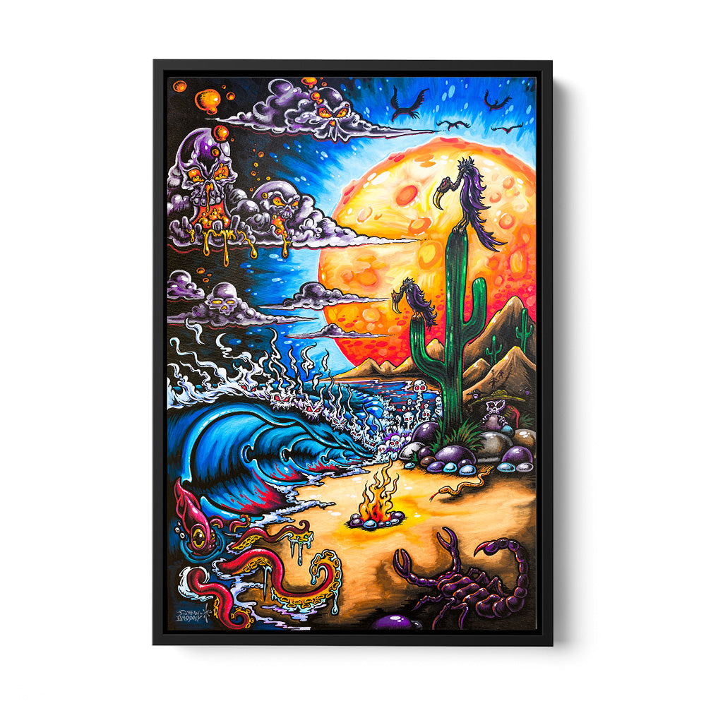 Baja Bad surf art by Drew Brophy black framed canvas print