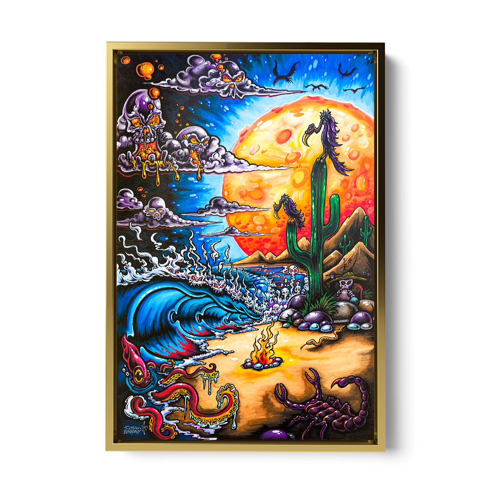 Baja Bad surf art by Drew Brophy gold framed canvas print