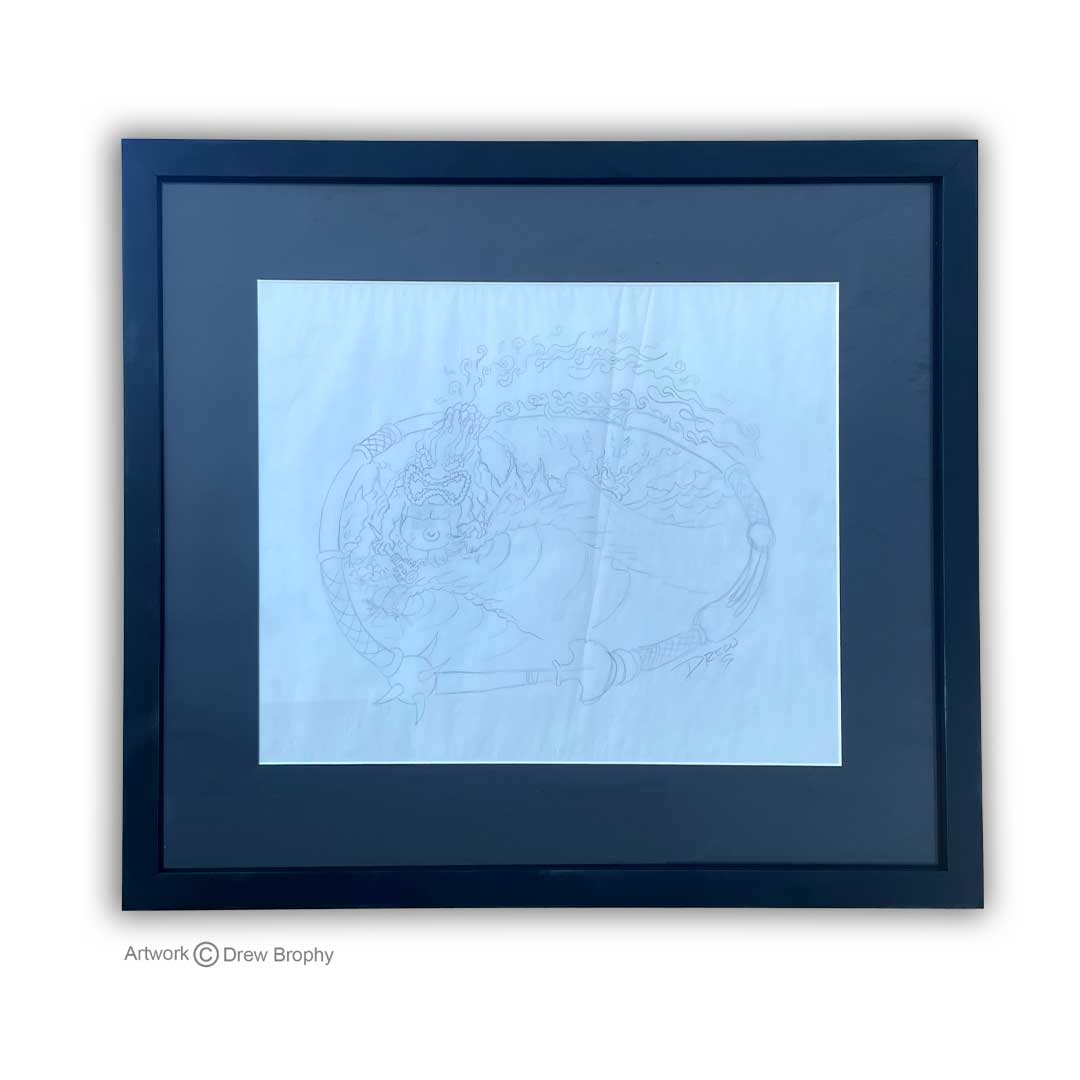 Blow Your Top graphite sketch on Paper 17" x 20" Framed in black frame and plexiglass