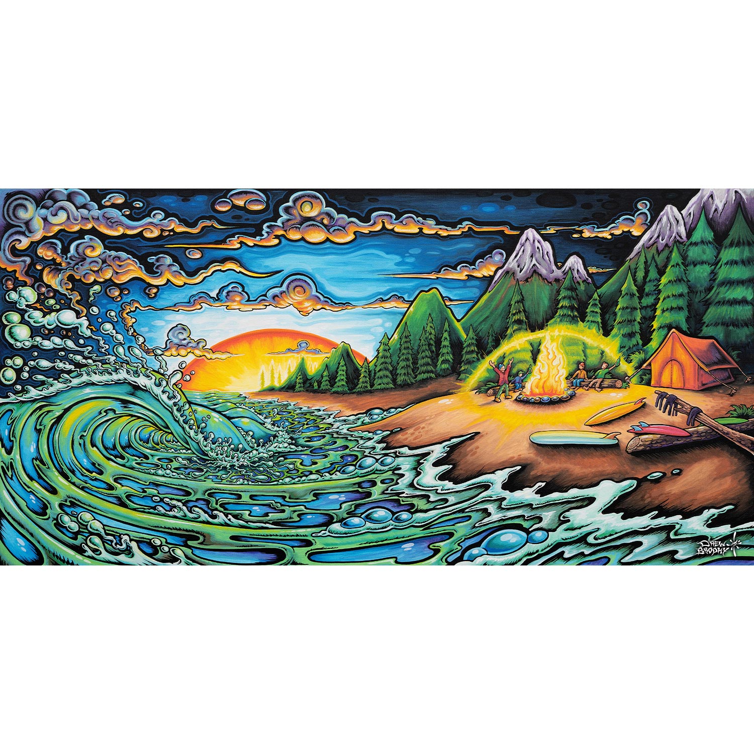 Surfing Camping Artwork Scene of the Pacific NorthWest with a hidden Bigfoot in the forest art by Drew Brophy Wall Art Painting