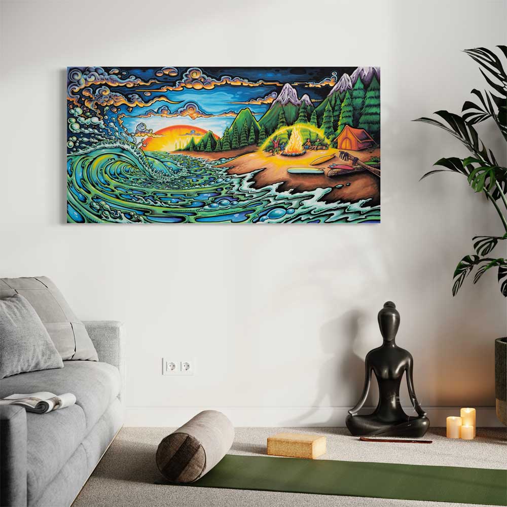 Camping on the beach with friends fine art print by Drew Brophy. 48x24 inch stretched canvas print show cased in a living room environment. 