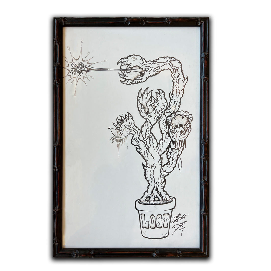 Lost VENUS FLY TRAP pen and ink on Matboard 16" x 24" with Bamboo Style Frame