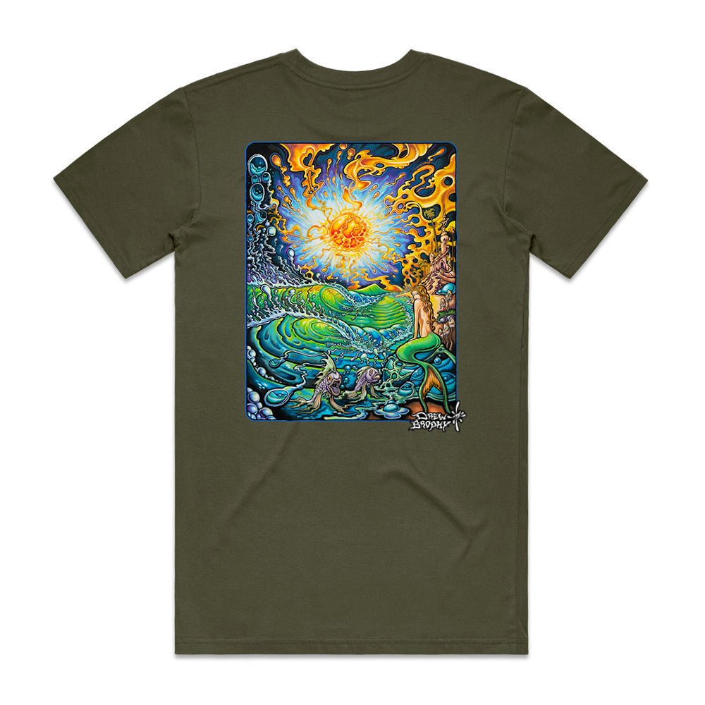 Green t-shirt with a colorful graphic design on a white background