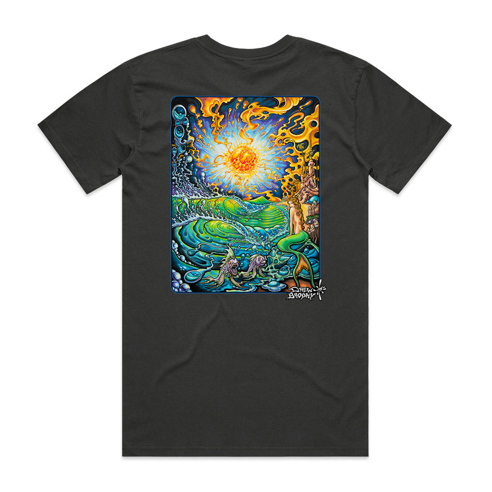 Black t-shirt with a colorful graphic design featuring a sun, trees, and animals on a white background.