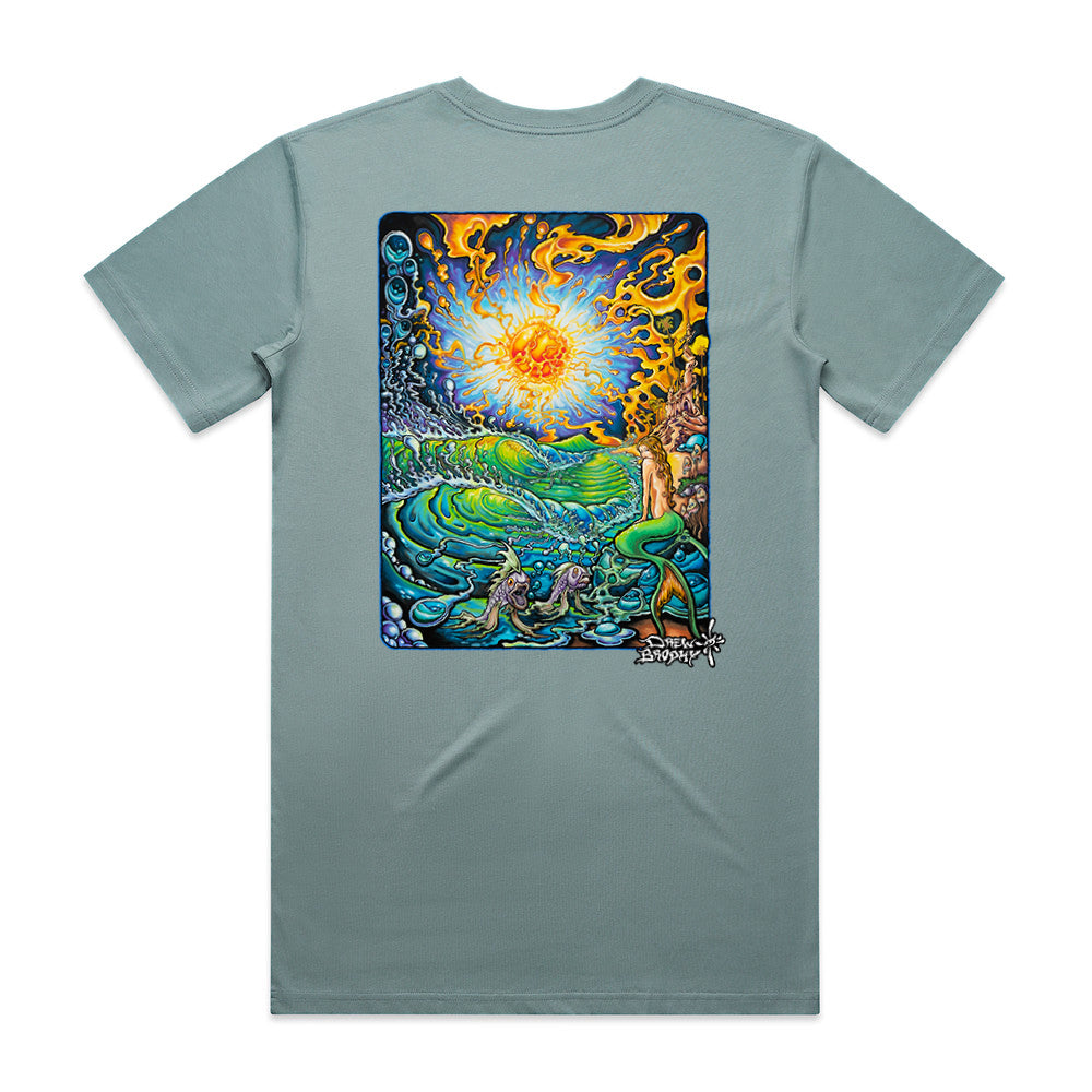 Gray t-shirt with a colorful graphic design on the back featuring a sun, trees, and animals.
