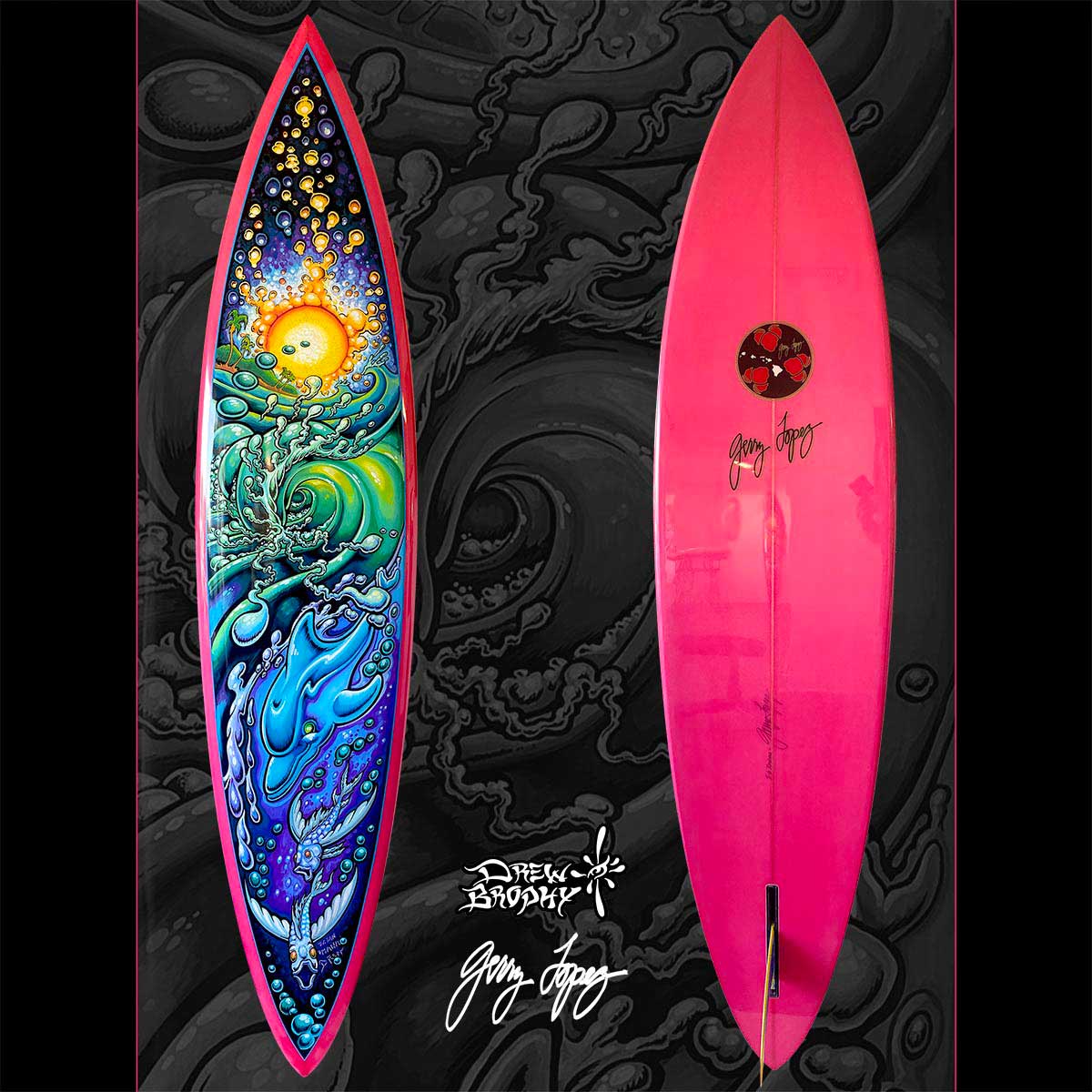 Gerry Lopez Drew Brophy Collaboration Surfboard paintng pipeline gun