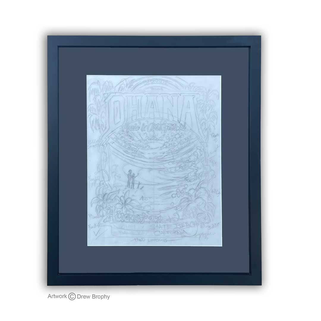 Ohana graphite sketch on Paper 17" x 20" Commissioned by Eddie Vedder - Framed in black frame and plexiglass