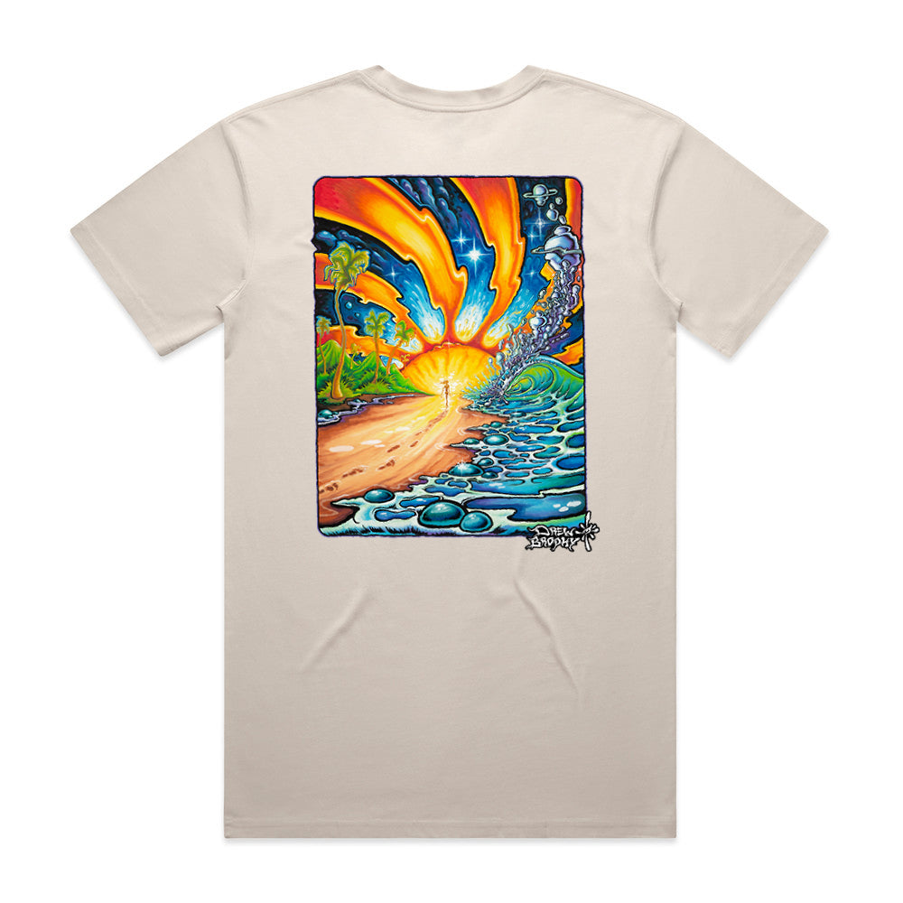 Beige t-shirt with a colorful graphic design on the back featuring a sunset over water and palm trees.