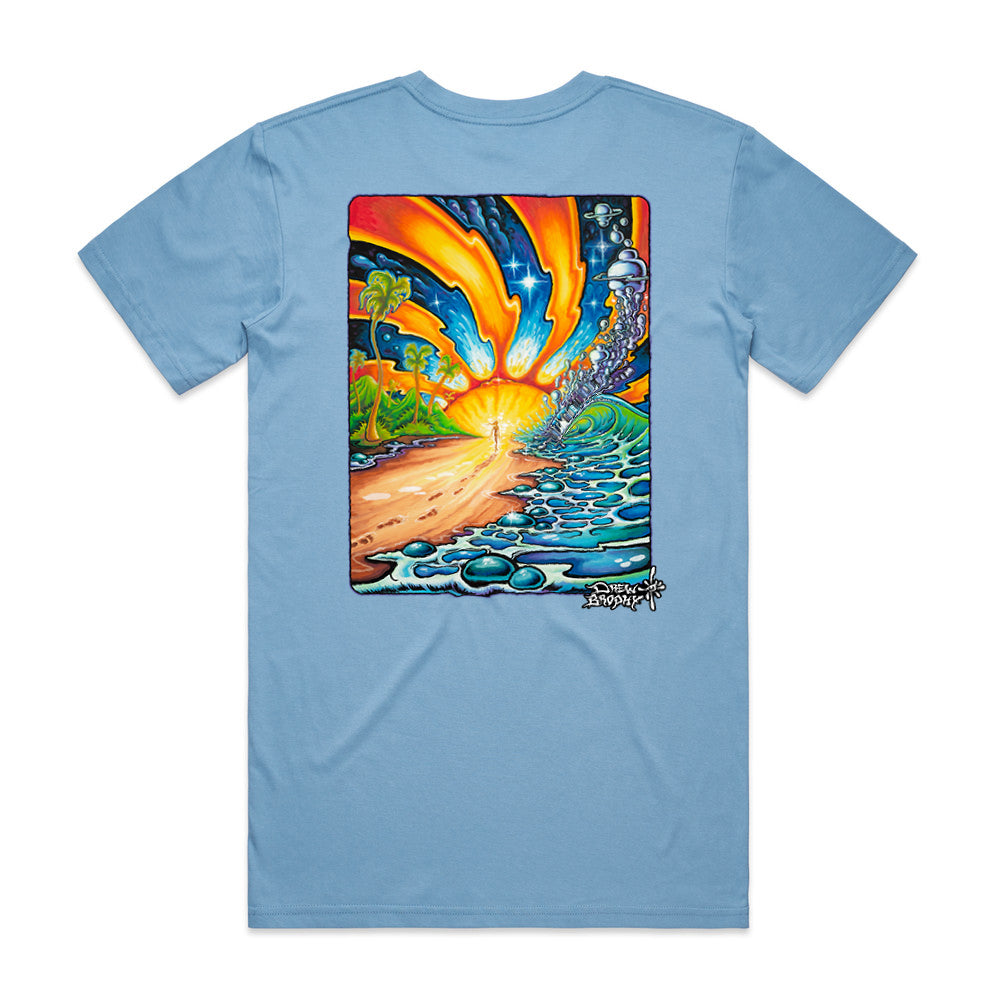 Light blue t-shirt with a colorful graphic on the back featuring a sunset over water and palm trees.