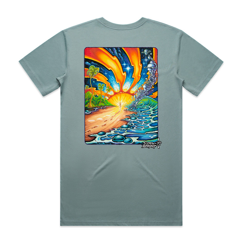 Gray t-shirt with a colorful graphic design on the back featuring a sunset over water and trees.