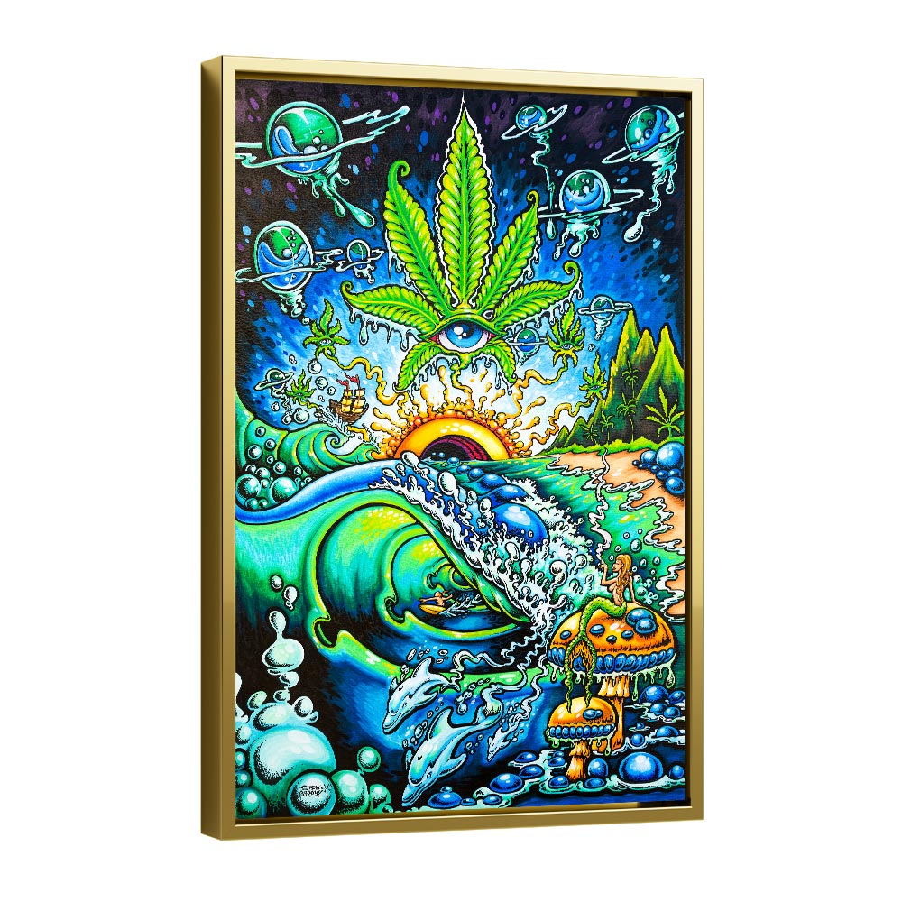 Gold framed canvas of summer dreams weed art by Drew Brophy.