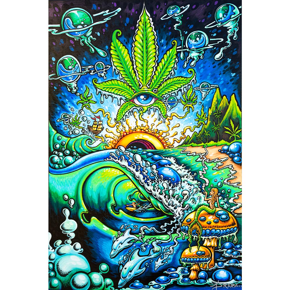 Signed print by artist Drew Brophy. Weed, surf art with mermaid smoking join on top of mushrooms.  