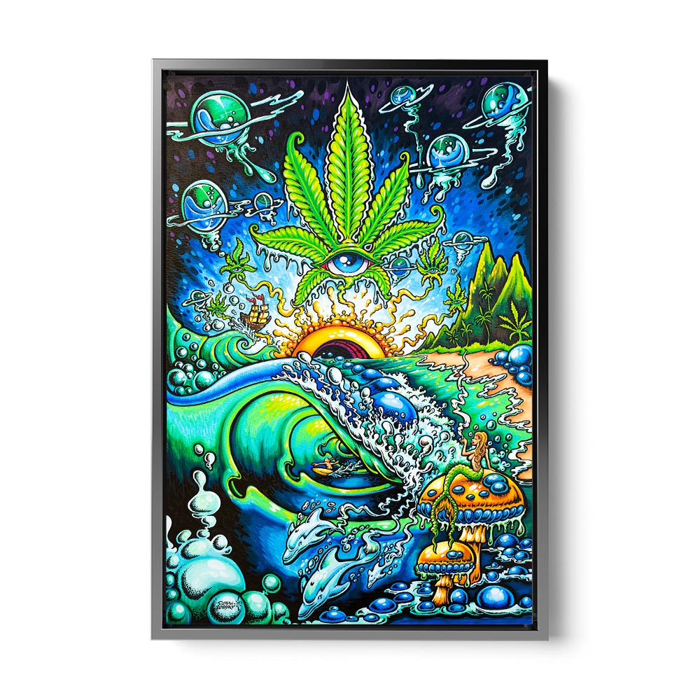 Silver framed canvas of summer dreams weed art by Drew Brophy.