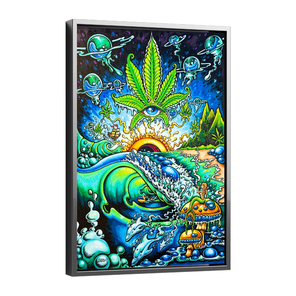 Silver framed canvas of summer dreams weed art by Drew Brophy.