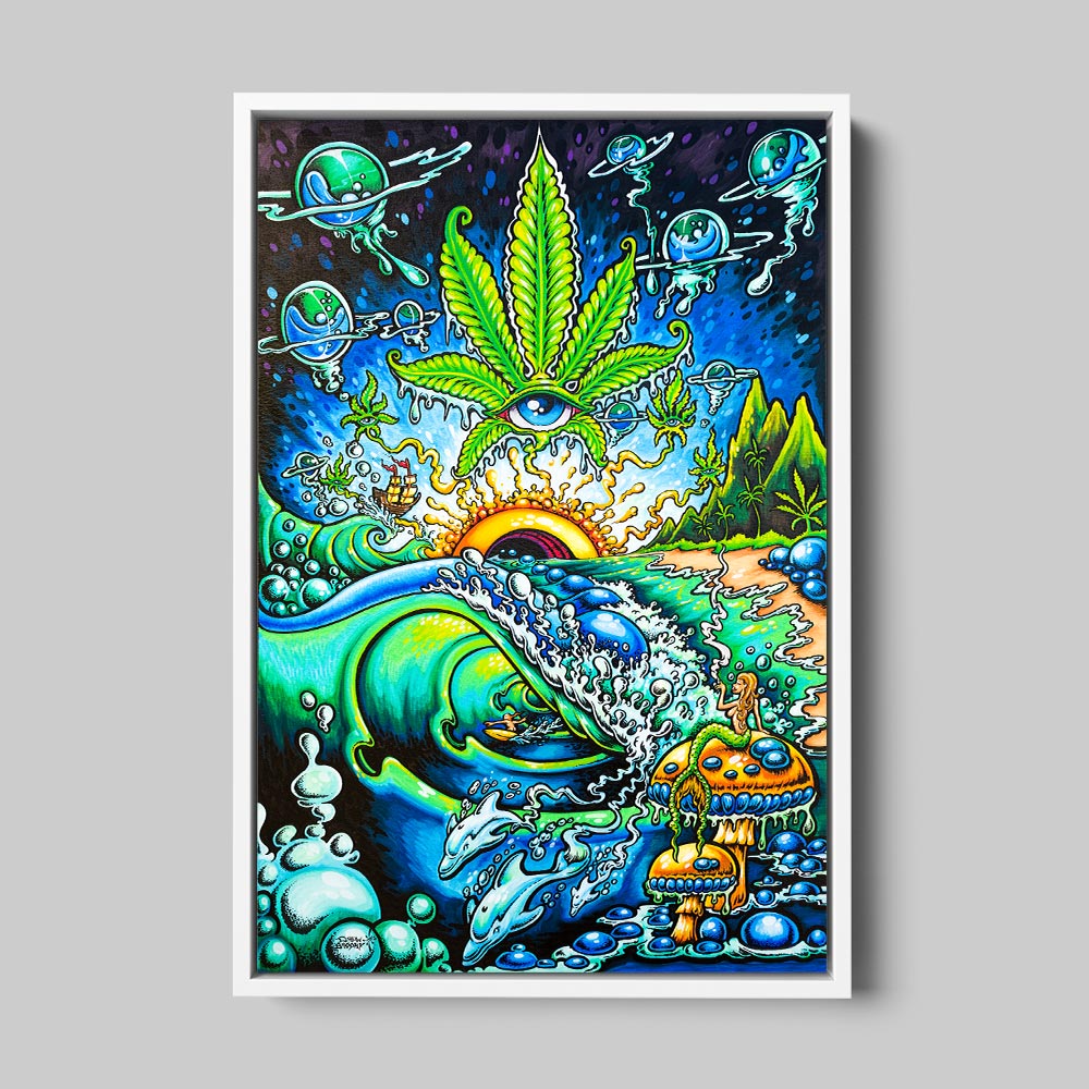 White framed canvas of summer dreams weed art by Drew Brophy.