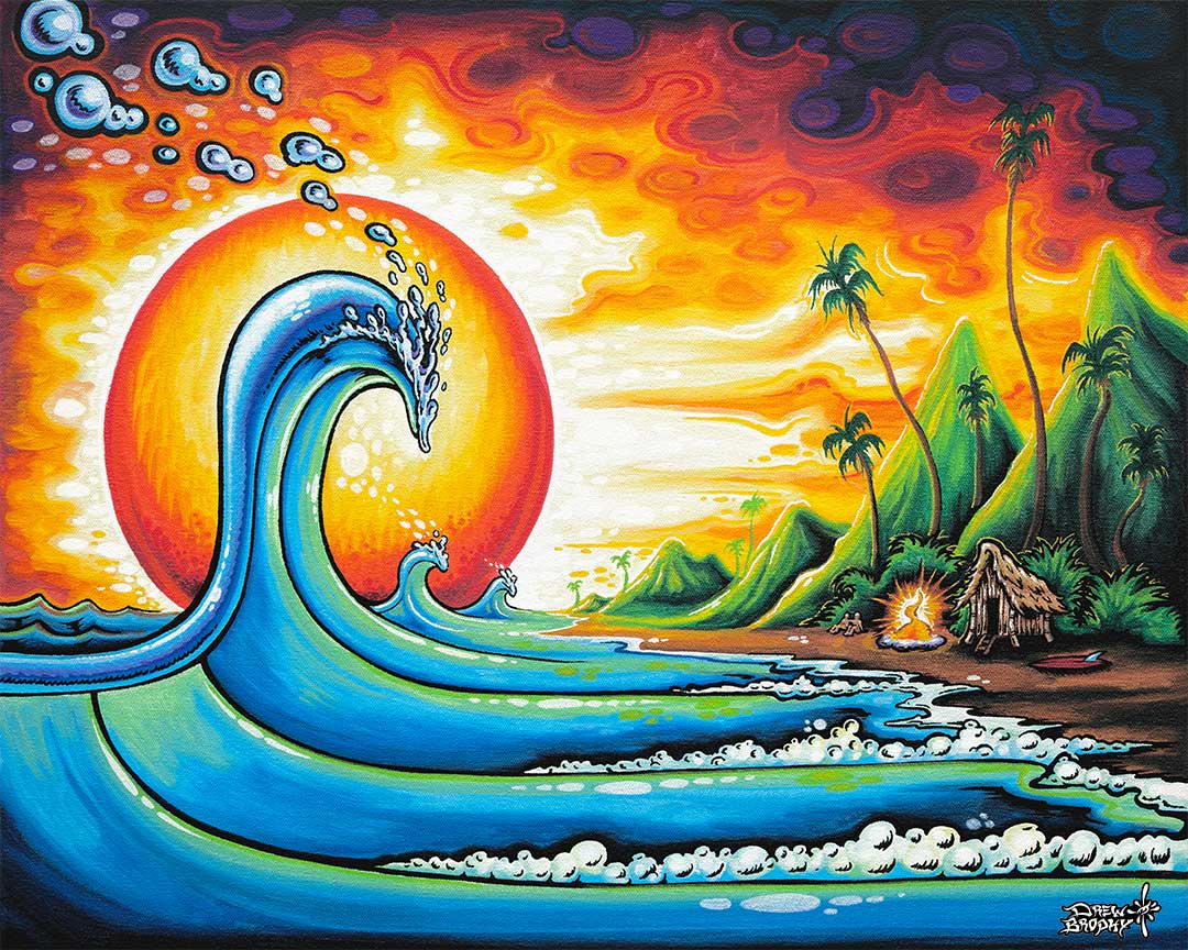 Drew Brophy Sunset Glass Big Wave Surfing Art for your Beach house interior design