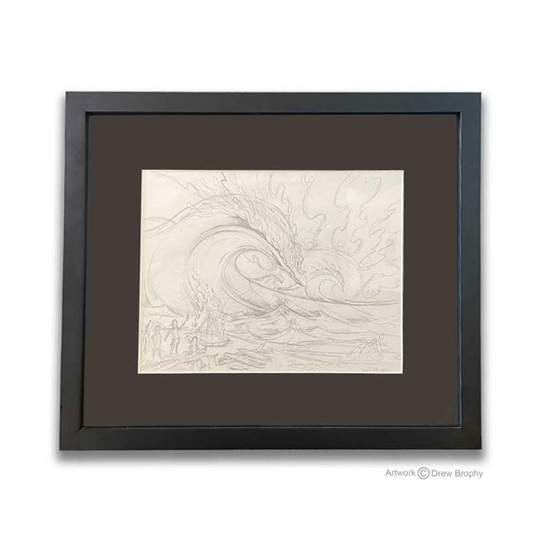 Sunset sessions original sketch by Drew Brophy. Black framed pencil sketch of friends celebrating by the beach with waves, sunset and camp fire.