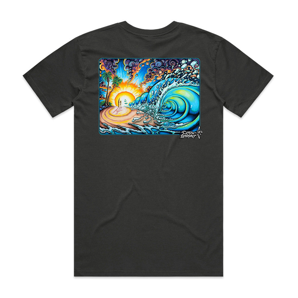 Black t-shirt with a colorful graphic of a wave and sunset on a white background