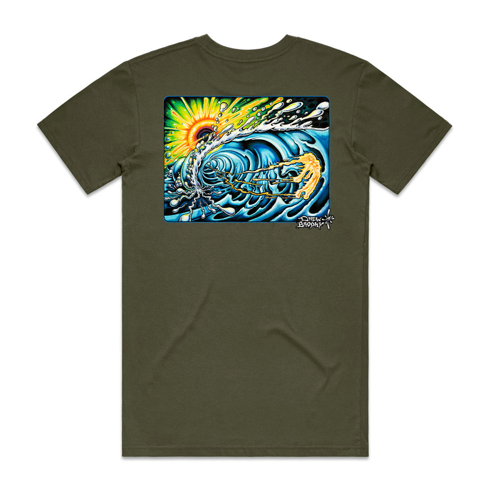 Green t-shirt with a colorful graphic of a wave and sun on a white background
