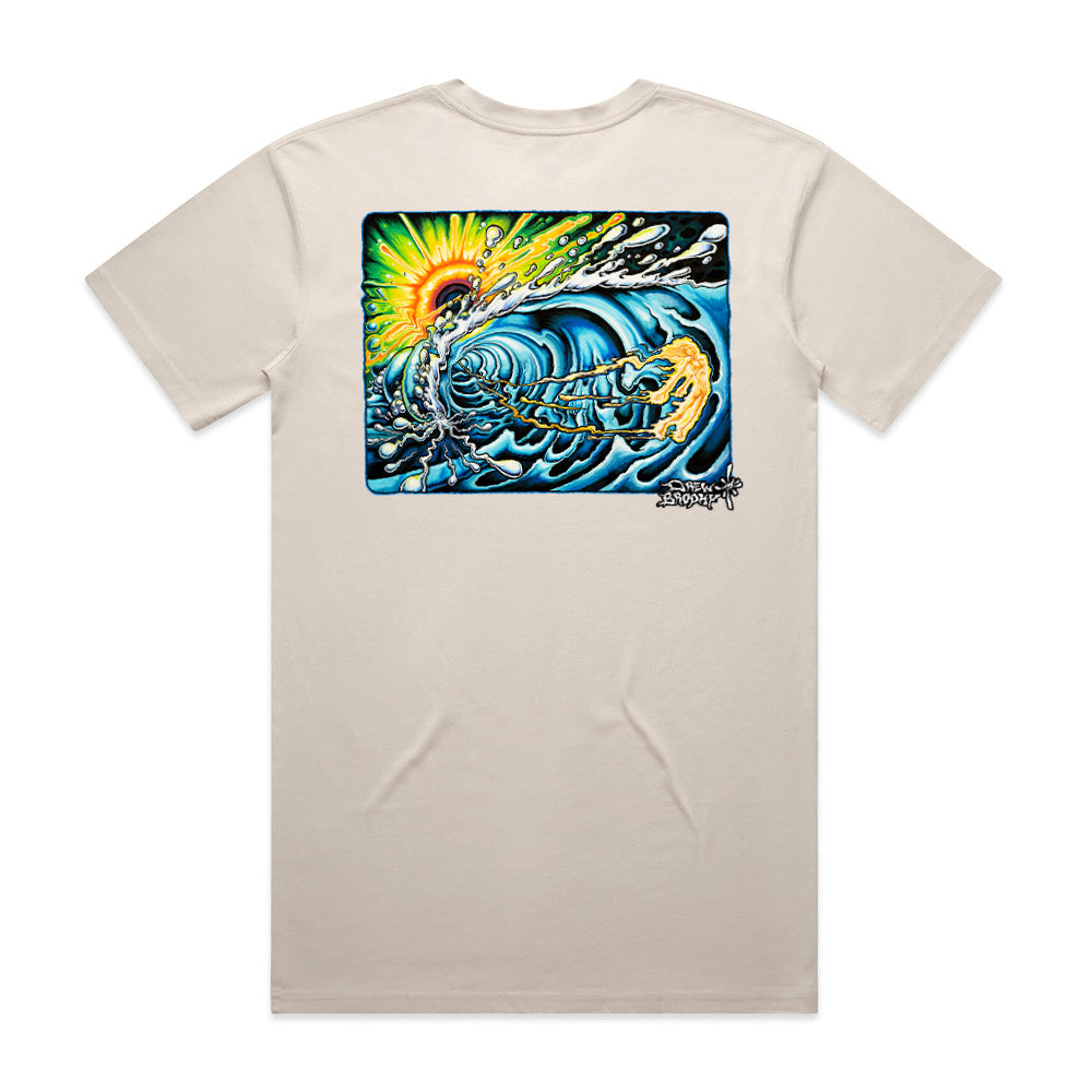 Beige t-shirt with a colorful graphic of a wave and sun on the back, on a white background.