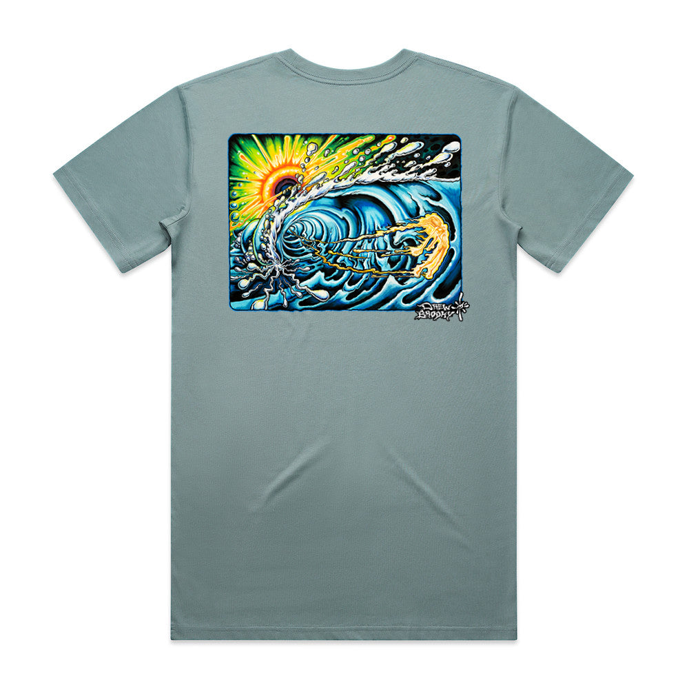 Gray t-shirt with a colorful graphic of a wave and sun on the back, on a white background.