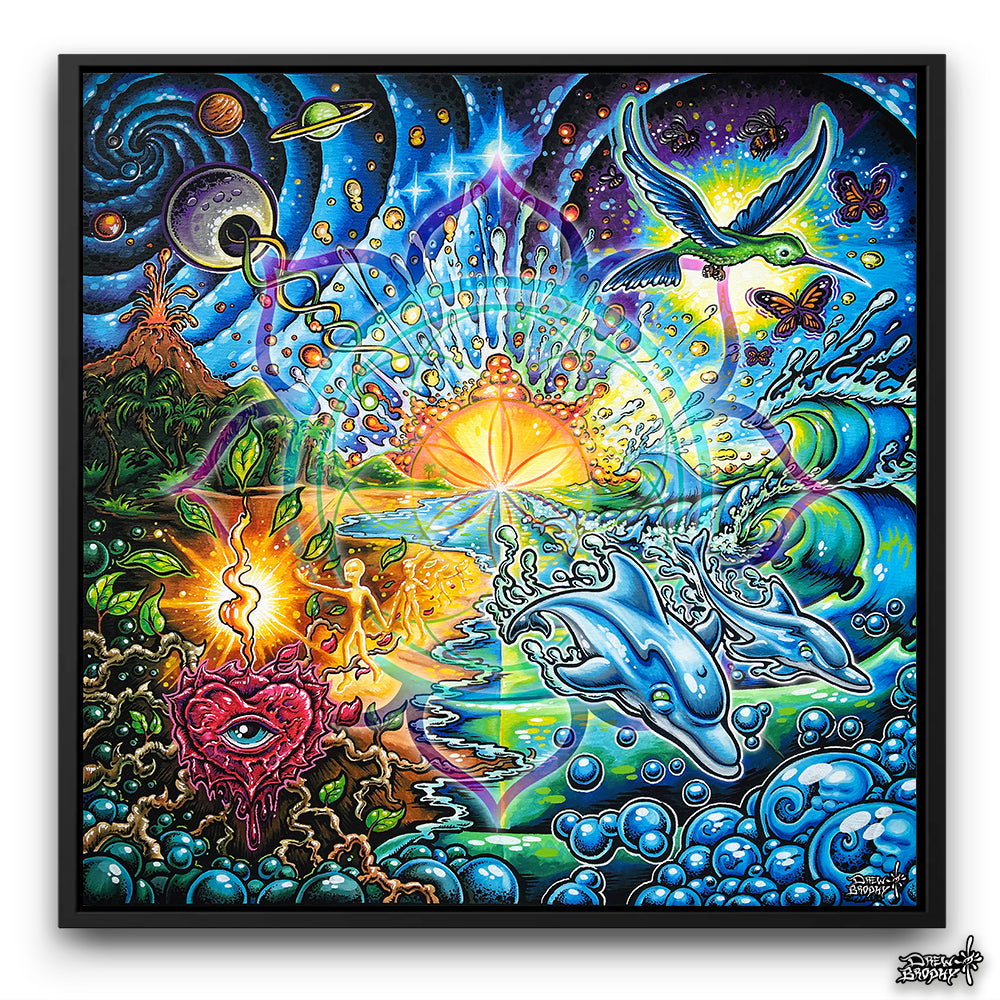 Colorful abstract artwork with various elements like dolphins, planets, and a heart.