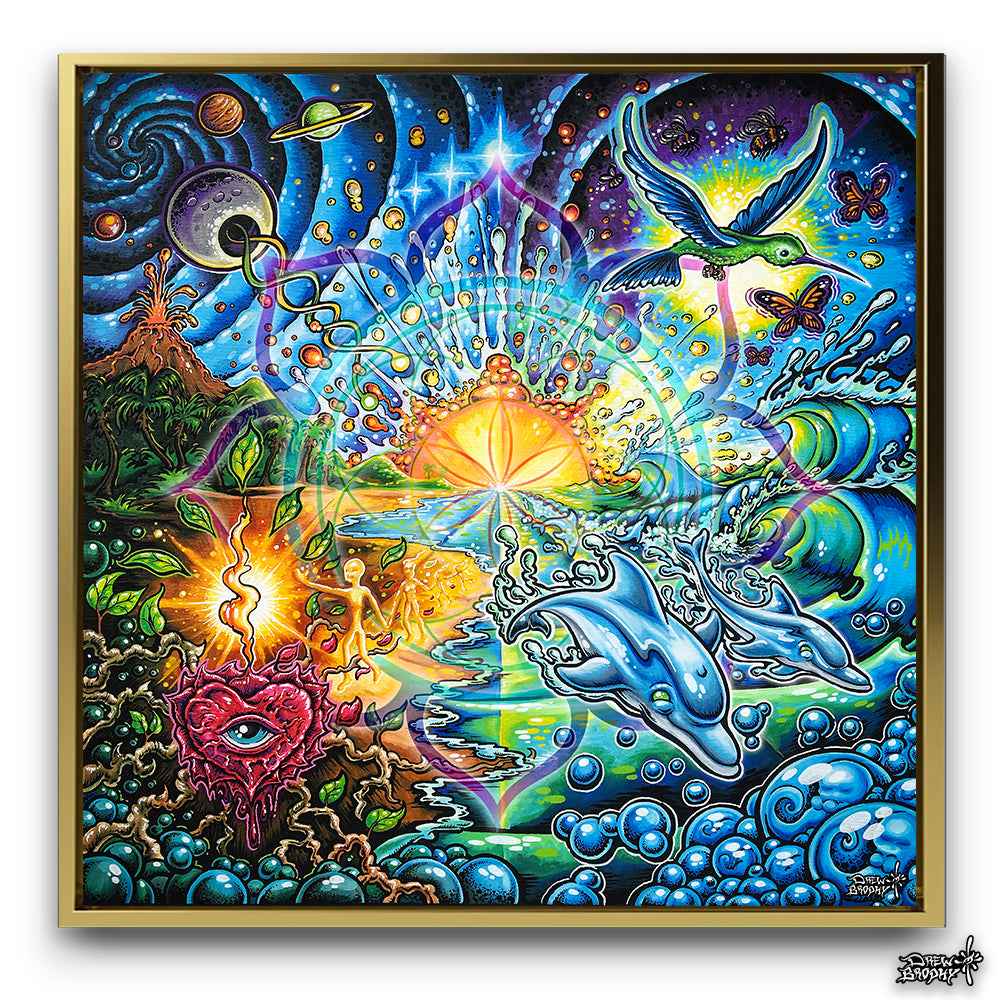 Colorful abstract artwork with dolphins, planets, and other elements on a white background
