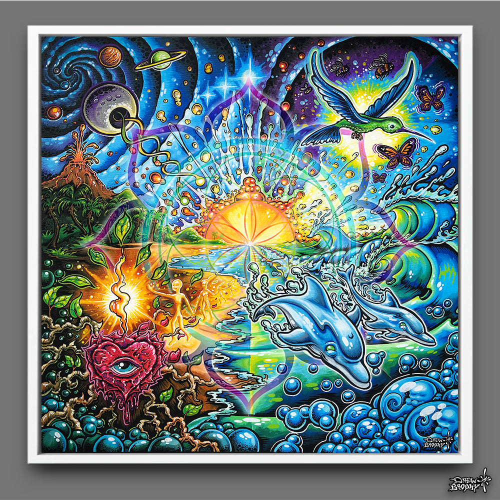 Colorful abstract artwork with dolphins, planets, and other elements on a gray background