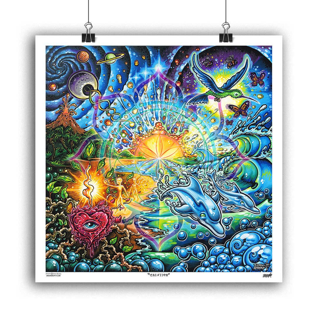 Colorful abstract artwork with various elements like dolphins, hearts, and celestial bodies.